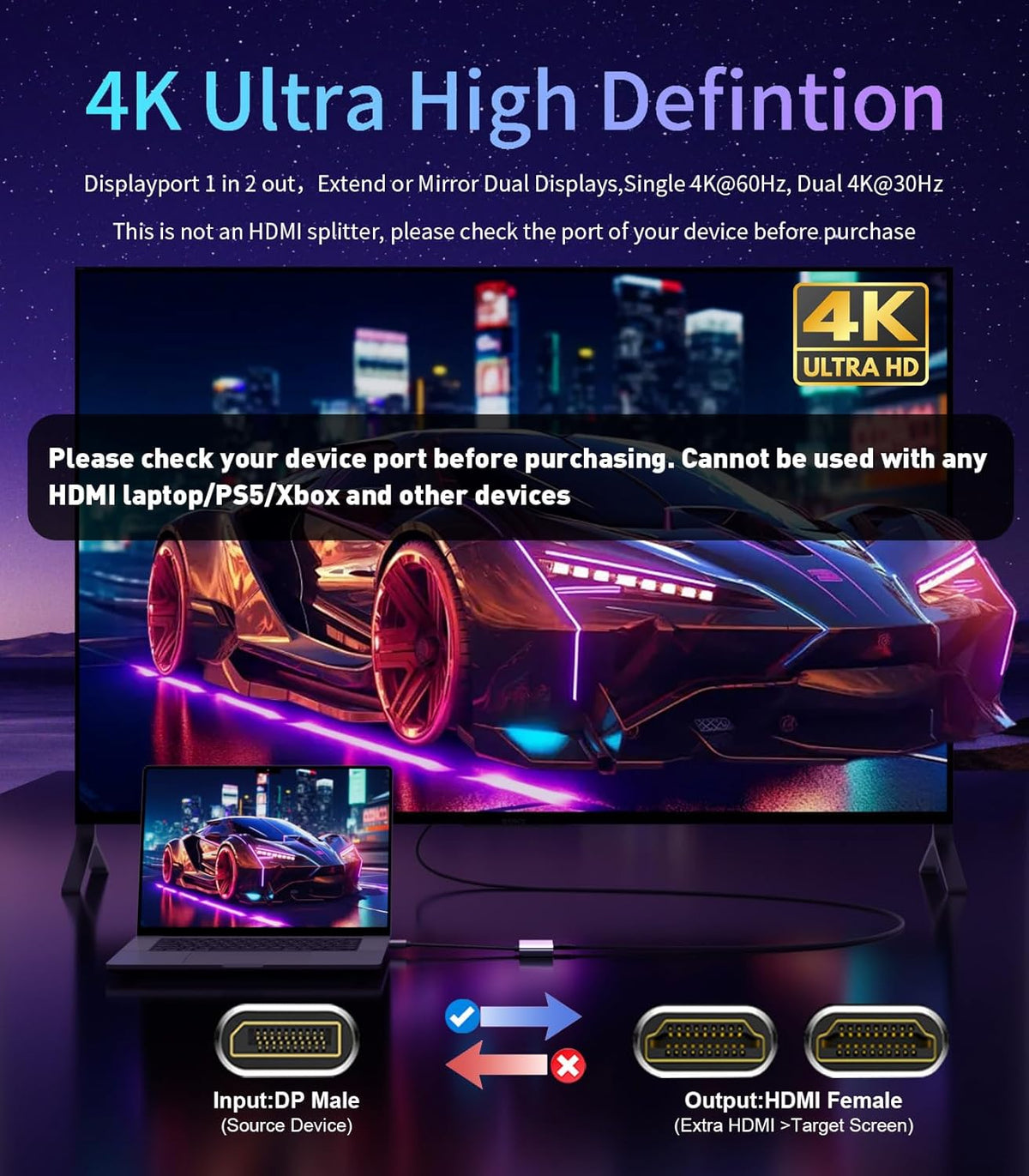 Reborn DisplayPort to Dual HDMI Adapter 4K@60Hz Display Port to 1 in 2 Out Splitter for Dual Monitor Extended Display, DP Source to 2 Adapter with PC, Graphics Card, HP and More - PuriLite