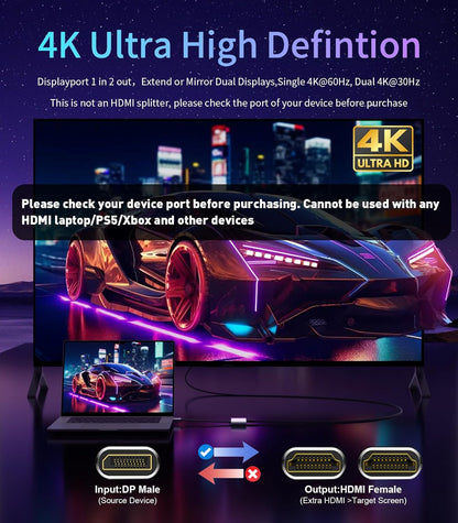 Reborn DisplayPort to Dual HDMI Adapter 4K@60Hz Display Port to 1 in 2 Out Splitter for Dual Monitor Extended Display, DP Source to 2 Adapter with PC, Graphics Card, HP and More - PuriLite