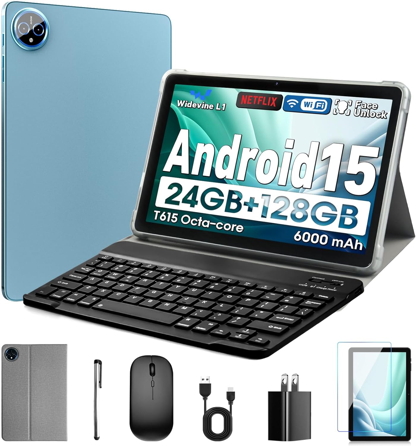 10 Inch Tablet, Android 15 Tablet with 24GB RAM + 128GB ROM (1TB Expandable), Octa-Core, 1280x800 IPS HD Touchscreen, 5MP+8MP Dual Camera, 6000mAh, Tablet with Keyboard, Mouse, Widevine L1(Blue) - PuriLite