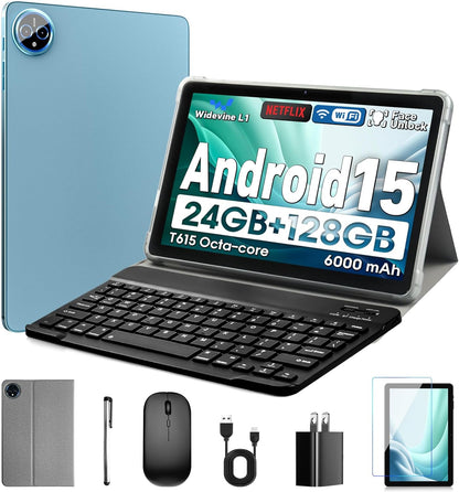 10 Inch Tablet, Android 15 Tablet with 24GB RAM + 128GB ROM (1TB Expandable), Octa-Core, 1280x800 IPS HD Touchscreen, 5MP+8MP Dual Camera, 6000mAh, Tablet with Keyboard, Mouse, Widevine L1(Blue) - PuriLite