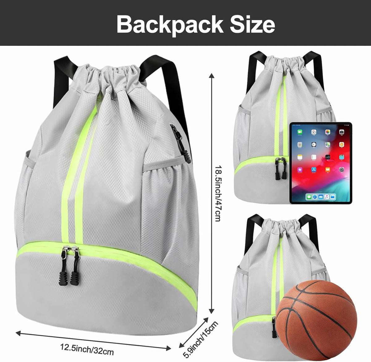 Hoedia Sports Drawstring Backpack - String Swim Gym Bag with Shoes Compartment and Wet Proof Pocket for Women/Men - PuriLite