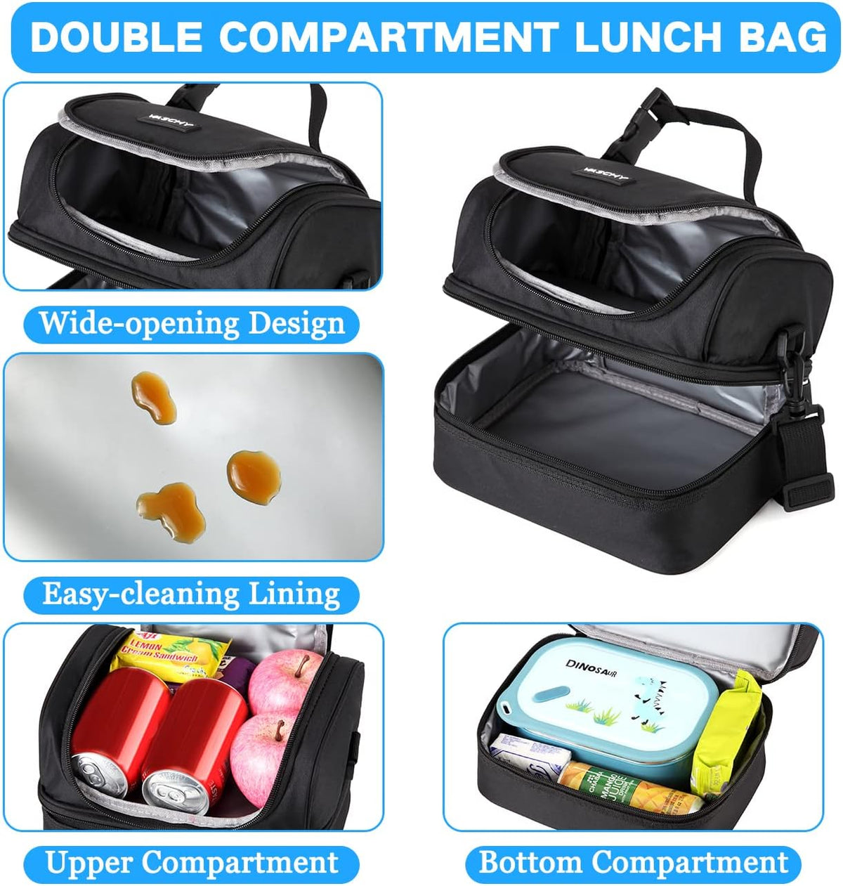 VASCHY Lunch Box Bag Men, Insulated Two Compartments Bento Cooler Bags for Adults/Women/Kids for School,Daycare,Kindergarten,Picnic Black - PuriLite