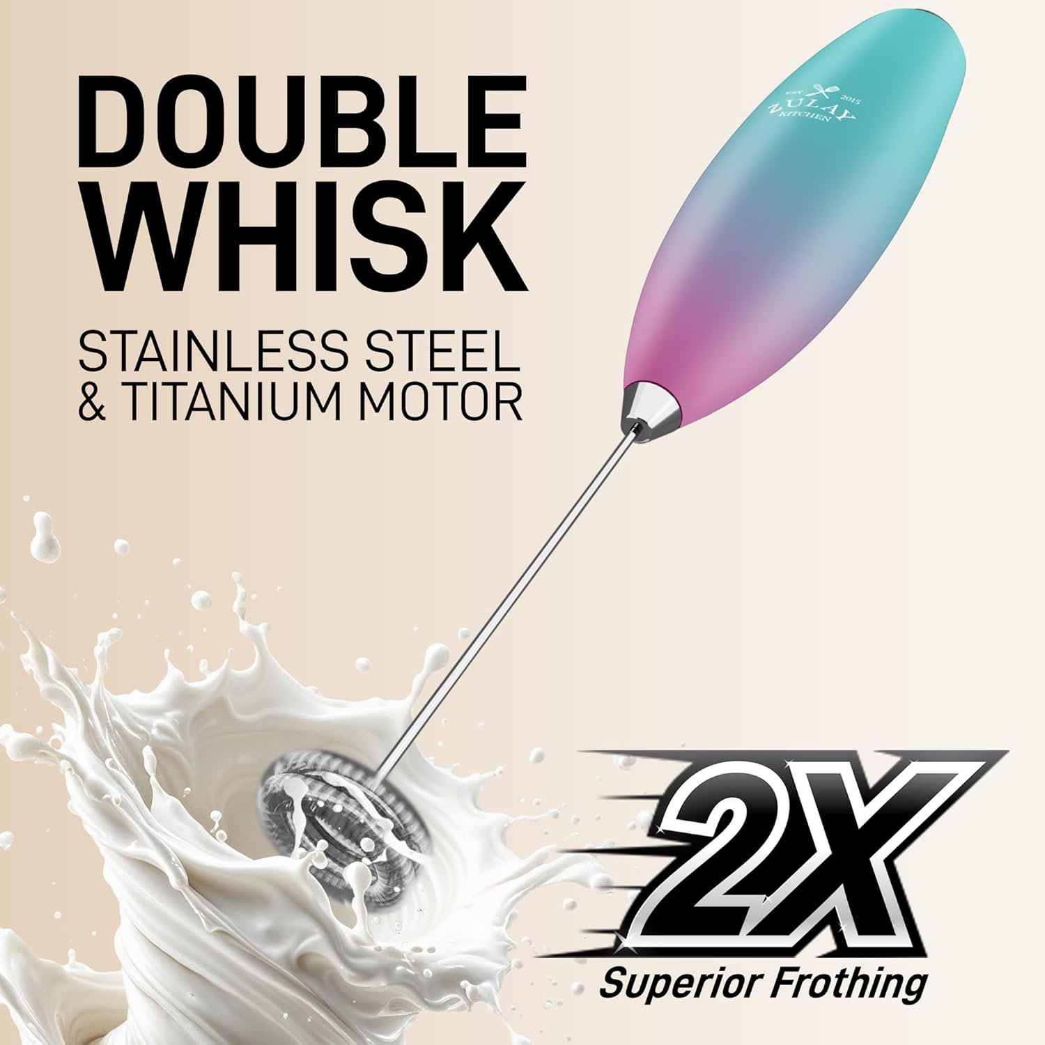 Zulay Kitchen Powerful Double Whisk Milk Frother Handheld - Foam Maker with Stand - Whisk Drink Mixer for Coffee, Mini Foamer for Latte, Matcha, Frappe, Hot Chocolate & Cappuccino (Black) - PuriLite