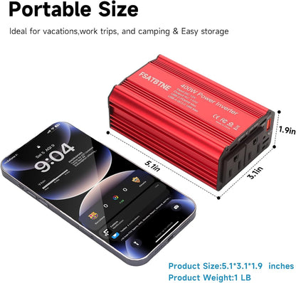 FSATBTNE 400W Power Inverter 12V DC to 110V AC Car Plug Adapter Outlet Converter with [65W PD USB-C] & [18W QC USB-A] Fast Charging Ports and 2 AC Outlets Car Power Inverters for Vehicles - PuriLite