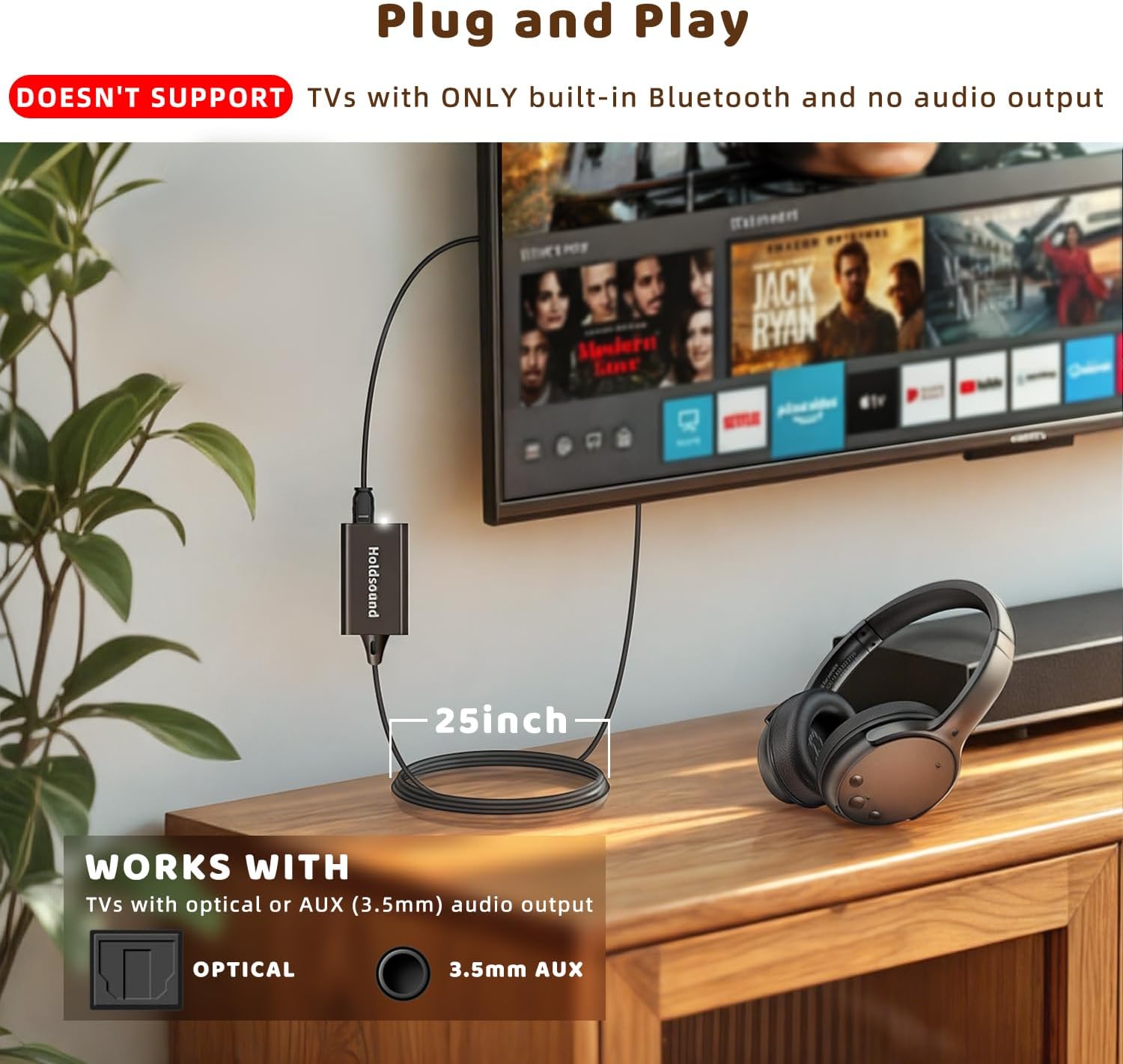 Holdsound Wireless Headphones for TV Watching, TV Headphones Wireless for Seniors with USB Transmitter, 25hrs, No Lip-Sync Delay, Plug and Play, Gifts for Elderly,Light Black - PuriLite