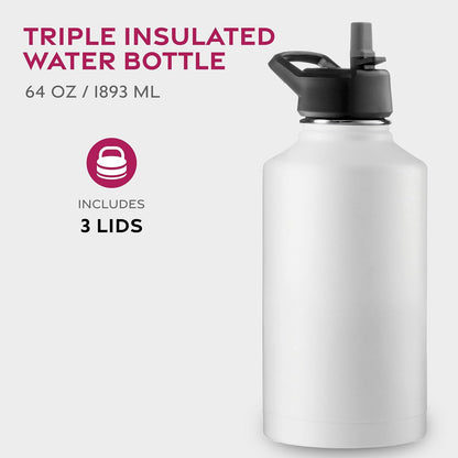 FineDine Water Bottle - Stainless Steel Insulated Water Bottle with Straw Lid, Flip Lid & Wide-Mouth Cap - Keeps Hot and Cold - 25 Oz / 739ml - Pure Pearly White - PuriLite