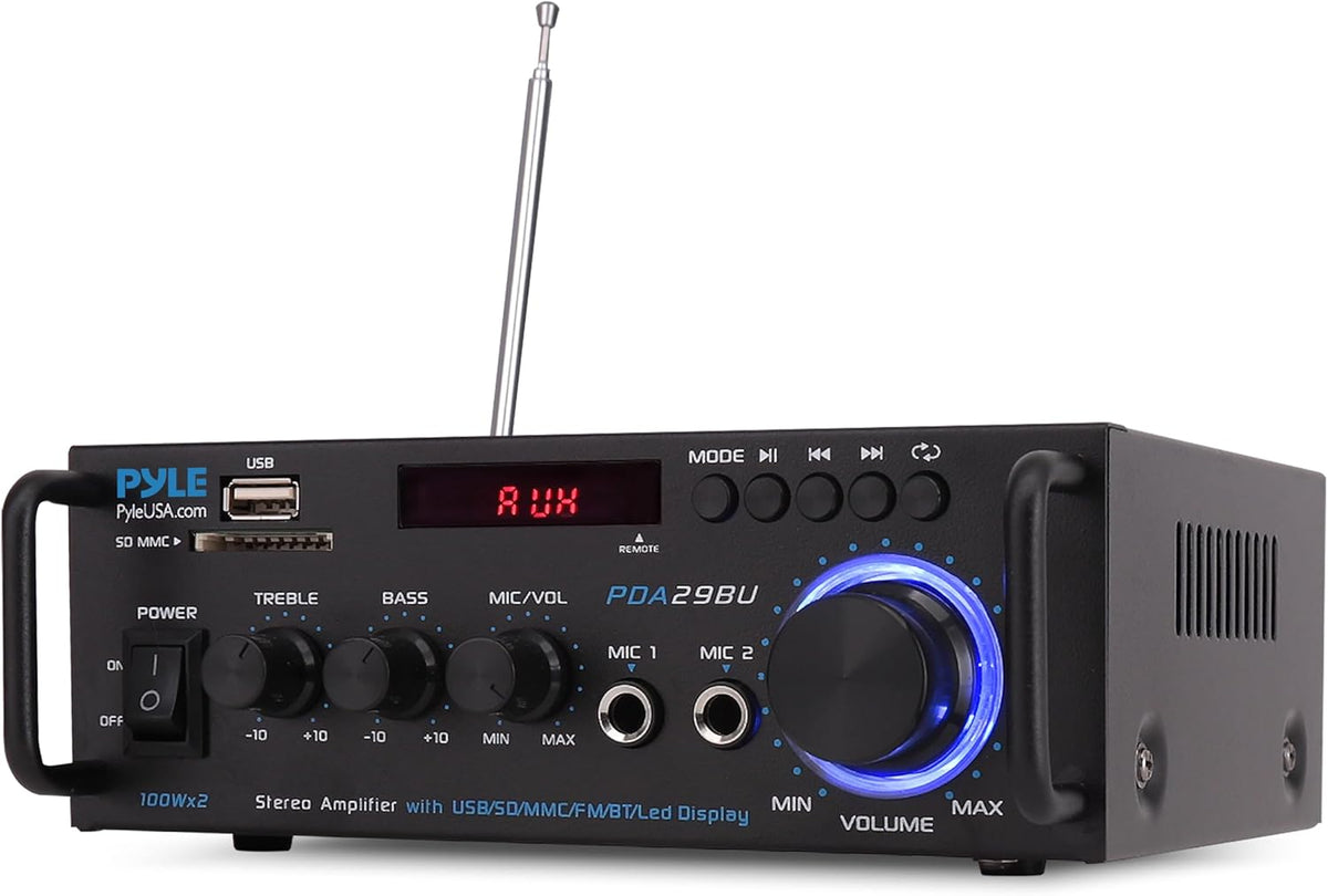Pyle Bluetooth Amplifier-Wireless Dual Channel Stereo Amp, Powerful and Compact, 200W, LED Display, RCA/USB/SD/AUX/MIC in, FM Radio, Perfect for Home and Studio Audio - PuriLite