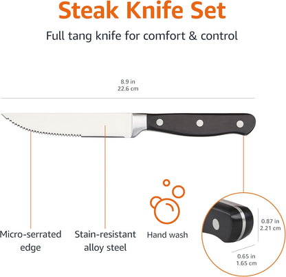 Amazon Basics Premium 8-Piece Kitchen Steak Knife Set, Black - PuriLite