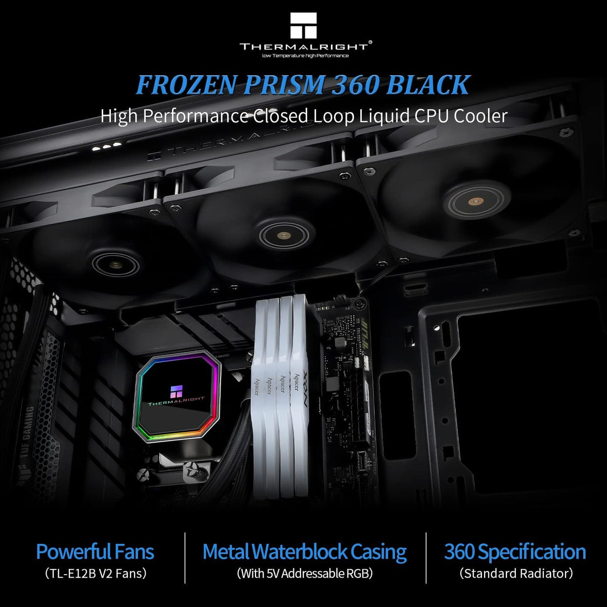 Thermalright Frozen Prism 360 Black AIO Water Cooler,Liquid CPU Cooler, 3×120mm PWM Fans Water Cooling System,1850RPM High Speed,Compatible with AMD/AM4/AM5&Intel LGA1151/1200/2066/1700 - PuriLite