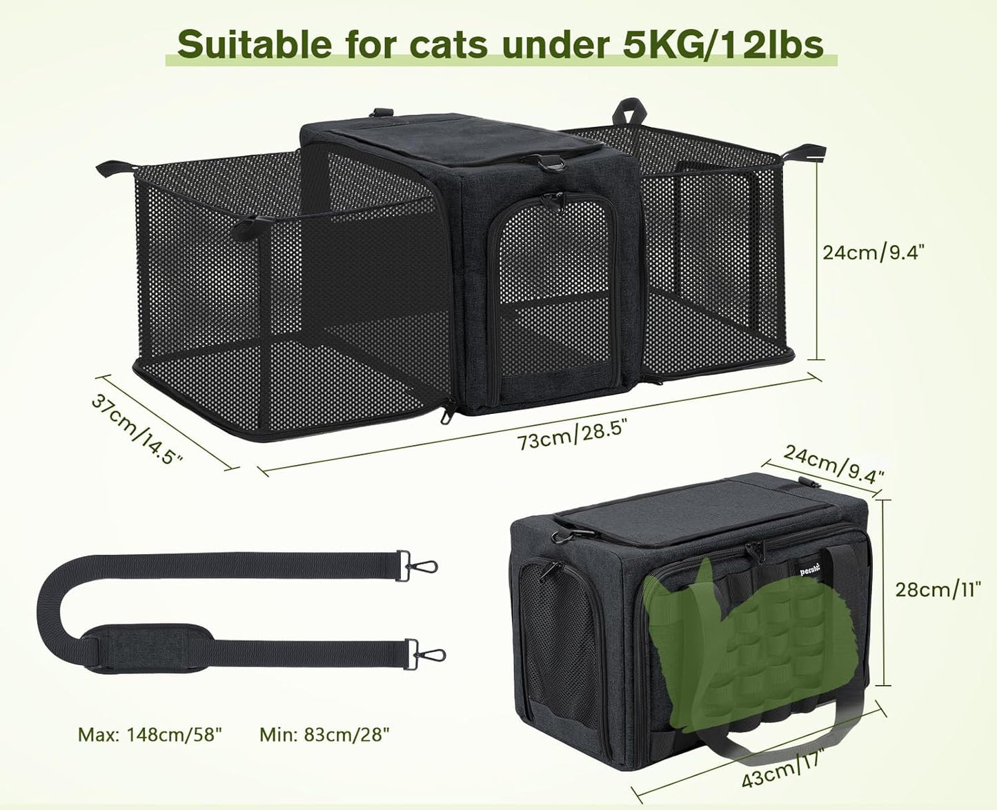 Approved Collapsible Cat Soft-Sided Carriers, Breathable Pet Carriers up to 5kg/12lbs, Portable Dog Carrier Great for Travel, Outdoor, Hiking, Camping(Gray) - PuriLite