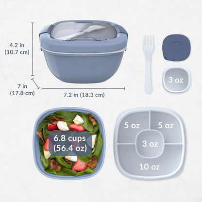 Bentgo Salad - Stackable Lunch Container with Large 54-oz Salad Bowl, 4-Compartment Bento-Style Tray for Toppings, 3-oz Sauce Container for Dressings, Built-in Reusable Fork & BPA-Free (Khaki Green) - PuriLite