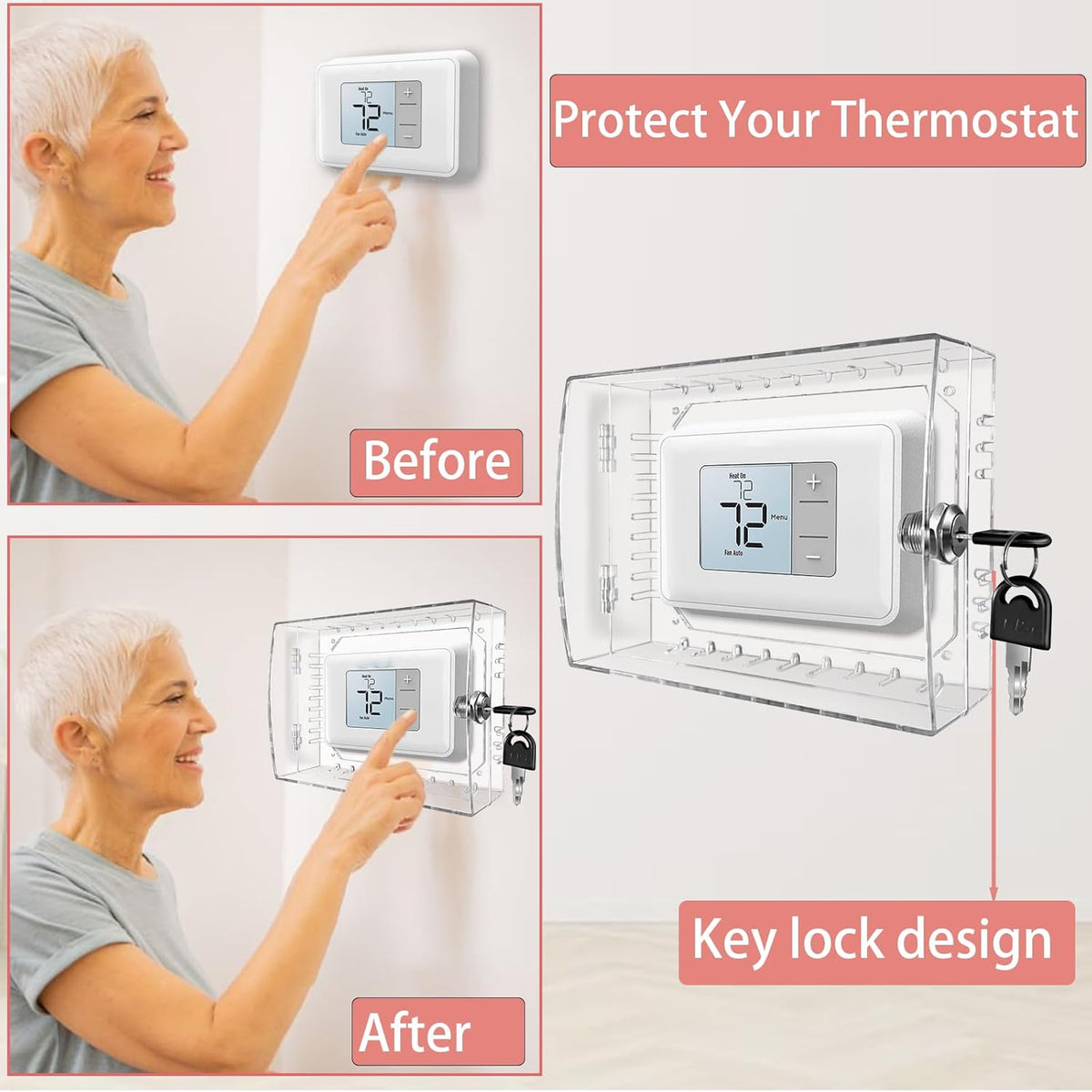 PKLIYH Universal Small Thermostat Lock Box-Thermostat Cover with Key Clear Small Thermostat Guard Fit All Ecobee,Google,Nest Thermostat on Wall 4.72''*4.72''*2'' or Smaller - PuriLite