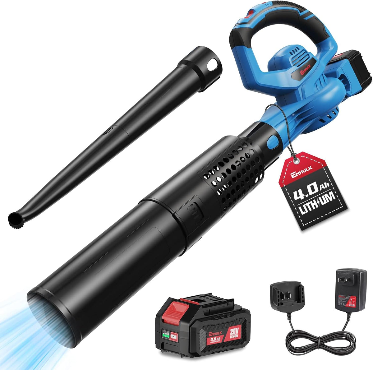 Enhulk 20V 4.0Ah Cordless Leaf Blower,460CFM &190MPH,2-in-1 Battery Powered Leaf Blower,6 Variable Speed,for Blowing Leaves,Debris,Snow and Dust,4.0Ah Battery&Charger Included - PuriLite