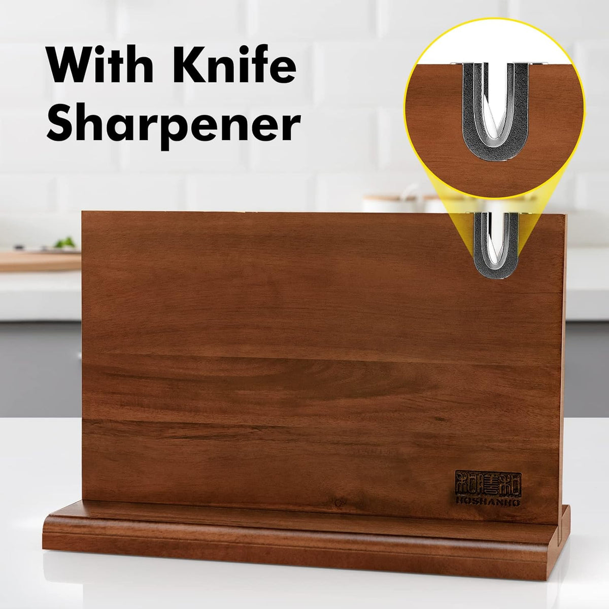 HOSHANHO Magnetic Knife Block 14 x 10 Inches, Double Sided Magnetic Knife Holder Rack for Kitchen Counter, Acacia Wood Magnetic Knife Storage Stand with Knife Sharpener - PuriLite
