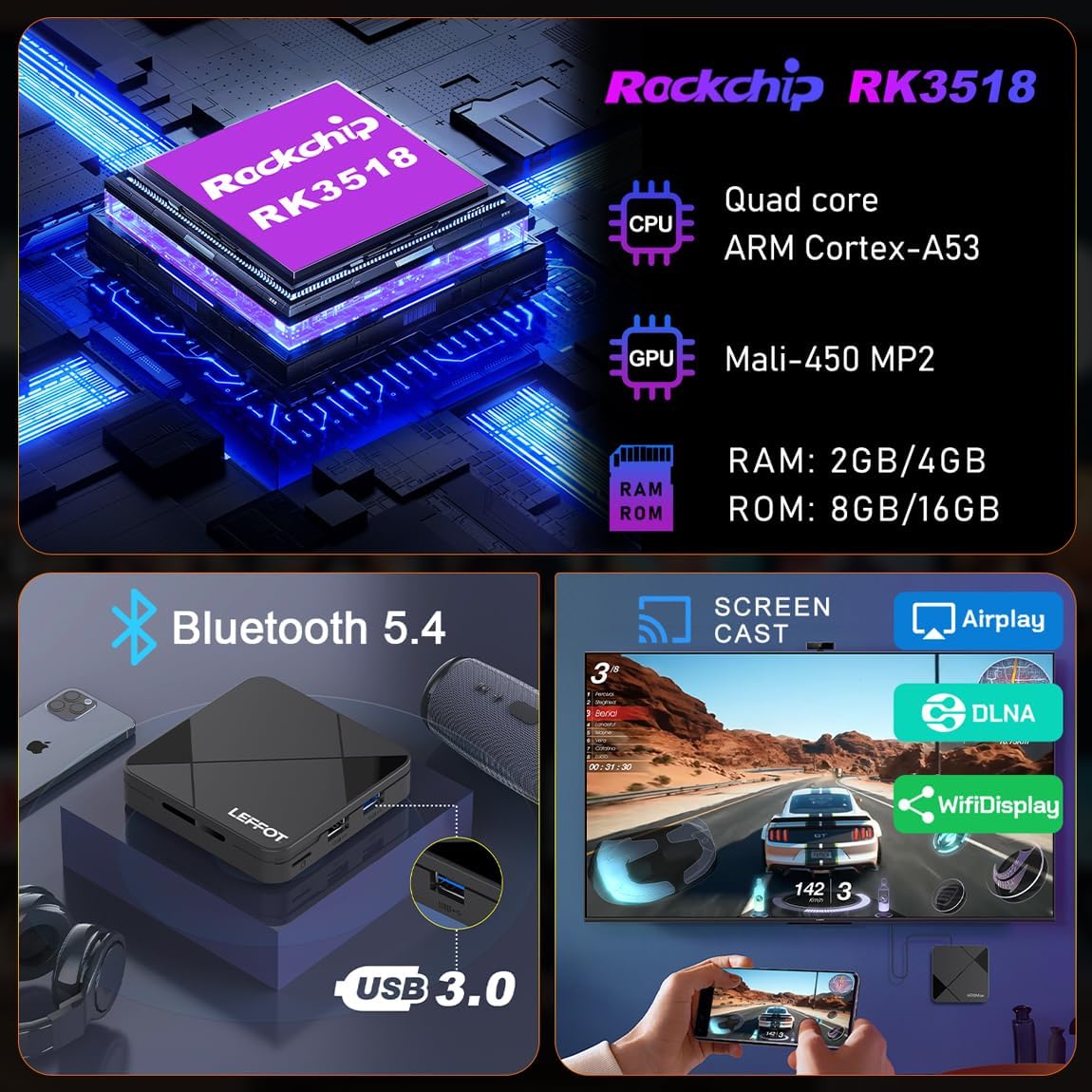 LEFFOT Android TV Box 2025,4K UHD Steaming Devices for TV,2GBRAM + 8GBROM,with HDR10,2.4G&5G WIFI6,BT 5.0,Smat TV Box RK3518 - PuriLite