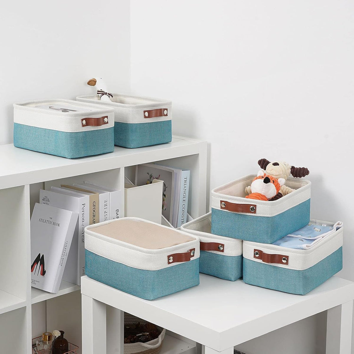 DULLEMELO Storage Baskets for Shelves, Fabric Collapsible Rectangular Storage Bins for Shelves, Closets, Nursery, Home, Office, Empty Gift Baskets (White&Teal) - PuriLite