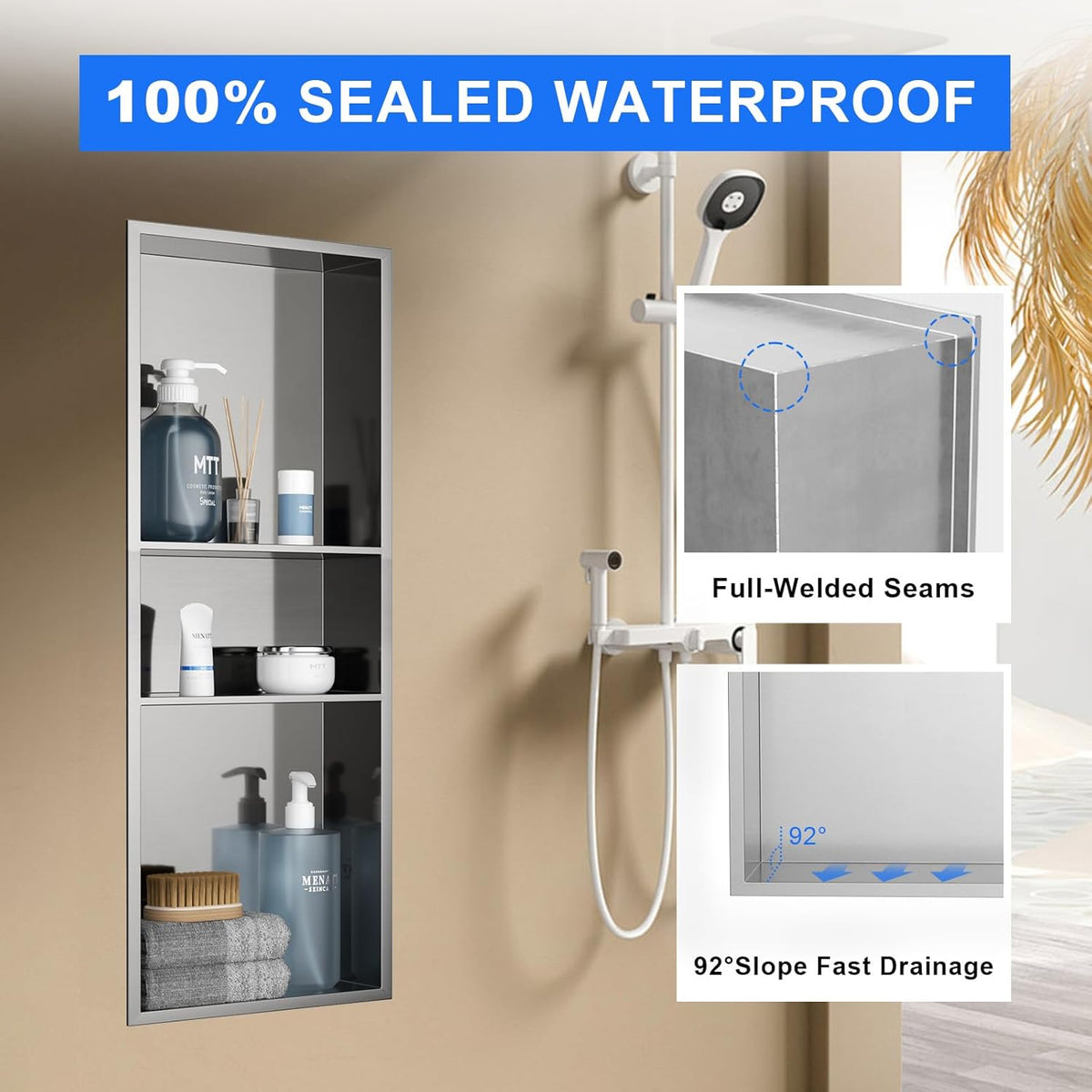 MENATT No Tile Shower Niche, Stainless Steel Wall Niche 13"X19"(Inner Size 12"X18"), Two-Tier Bathroom Shelf, NO Tile Needed Recessed Niche Shower for Bathroom Storage, Black - PuriLite