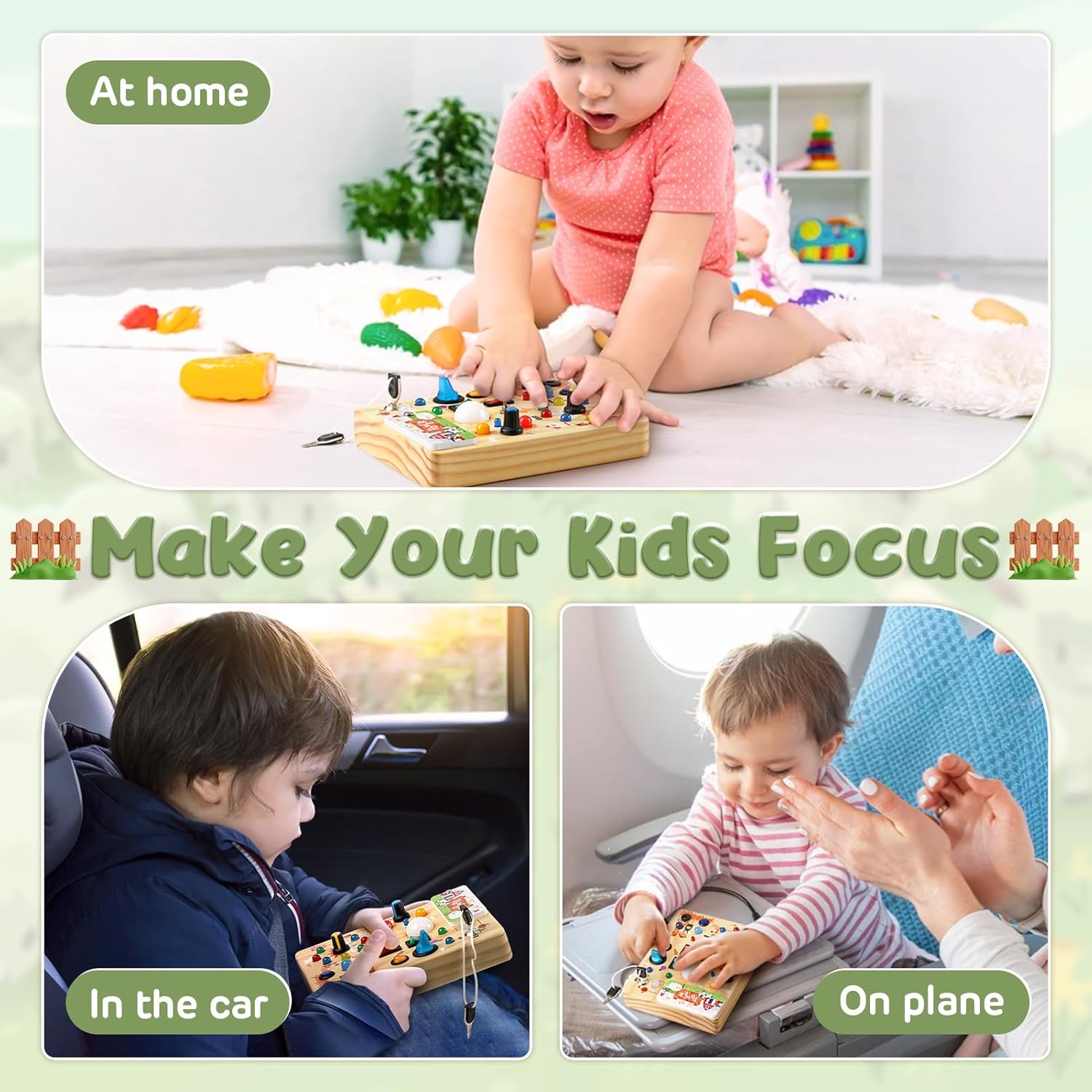 Joyreal Montessori Busy Board Wooden Sensory Toys for Toddler with LED Light Up Switch, Baby Fidget Board Travel Toys for 18+ Months, Boys Girls Birthday - PuriLite
