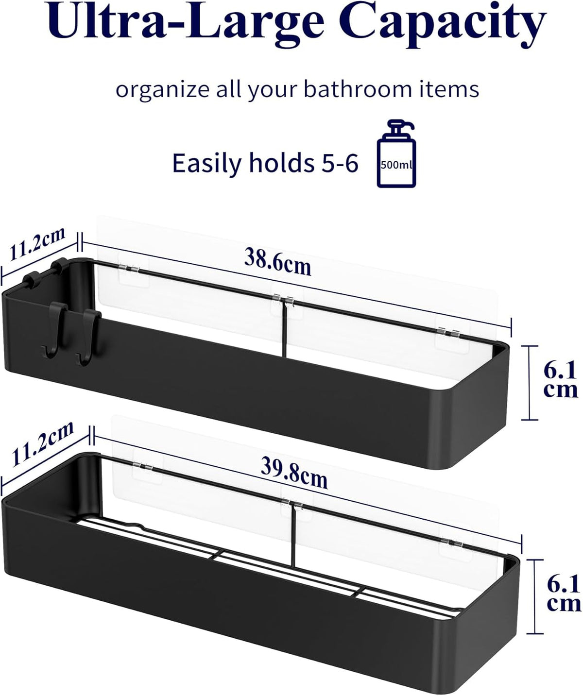 Kitsure Large Shower Caddy - 2 Pack Adhesive Shower Organizer, Drill-Free Shower Shelves for Inside Shower, Rustproof Bathroom Shelf Shower Shelf for Bathroom, Black - PuriLite