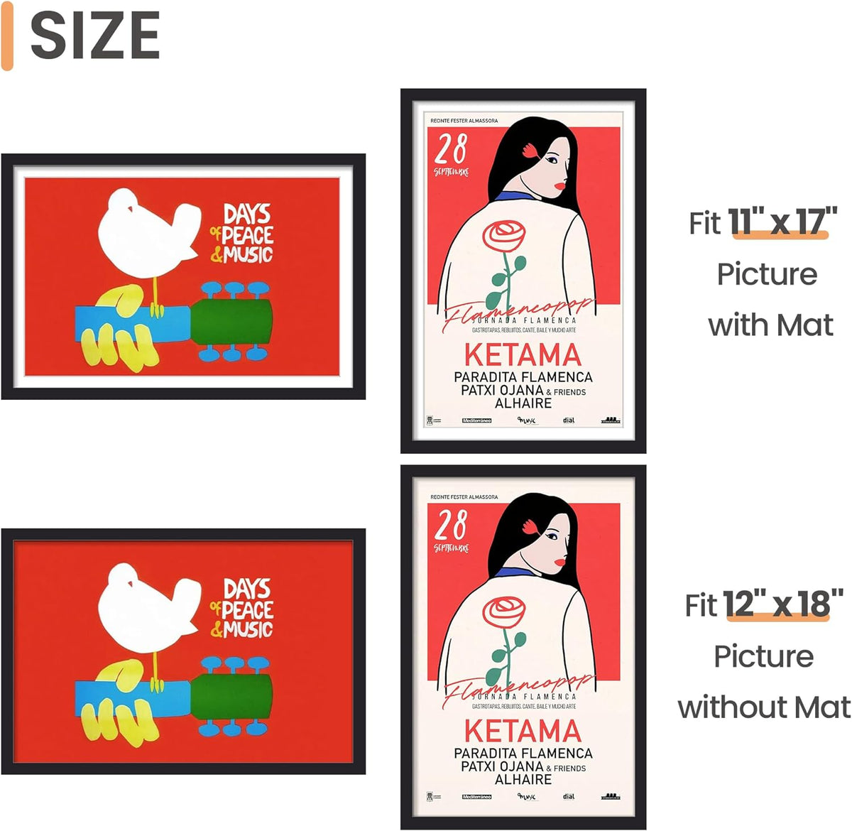 upsimples 11x14 Picture Frame, Display Pictures 8x10 with Mat or 11x14 Without Mat, Wall Hanging Photo Frames, Black - PuriLite