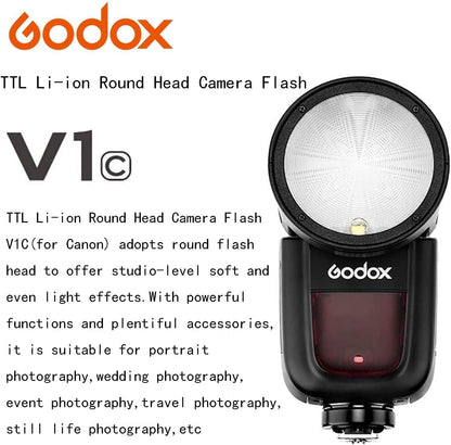 Godox V1 V1-C V1C Round Head Camera Flash for Canon Flash Speedlite Speedlight Light,76Ws 2.4G TTL1/8000 HSS,480 Full Power Shots,1.5s Recycle Time,2600mAh Li-ion Battery,10 Levels LED Modeling Lamp - PuriLite