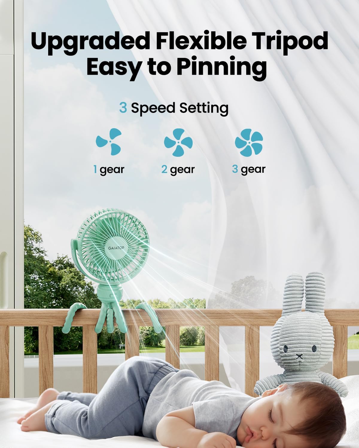 Gaiatop Mini Portable Pram Fan, Rechargeable Small Clip on Fan for Stroller, Detachable 3 Speed 360 Degree Rotate Flexible Tripod Handheld Desk Cooling Car Seat Crib Treadmill Travel Black - PuriLite