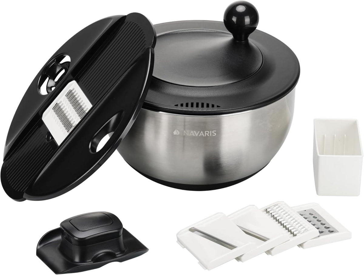 Navaris Salad Spinner with Lid - Salad Spinner Stainless Steel - Salad Dryer - Easy Washing, Drying and Spinning - Includes Grating and Slicing Discs - PuriLite
