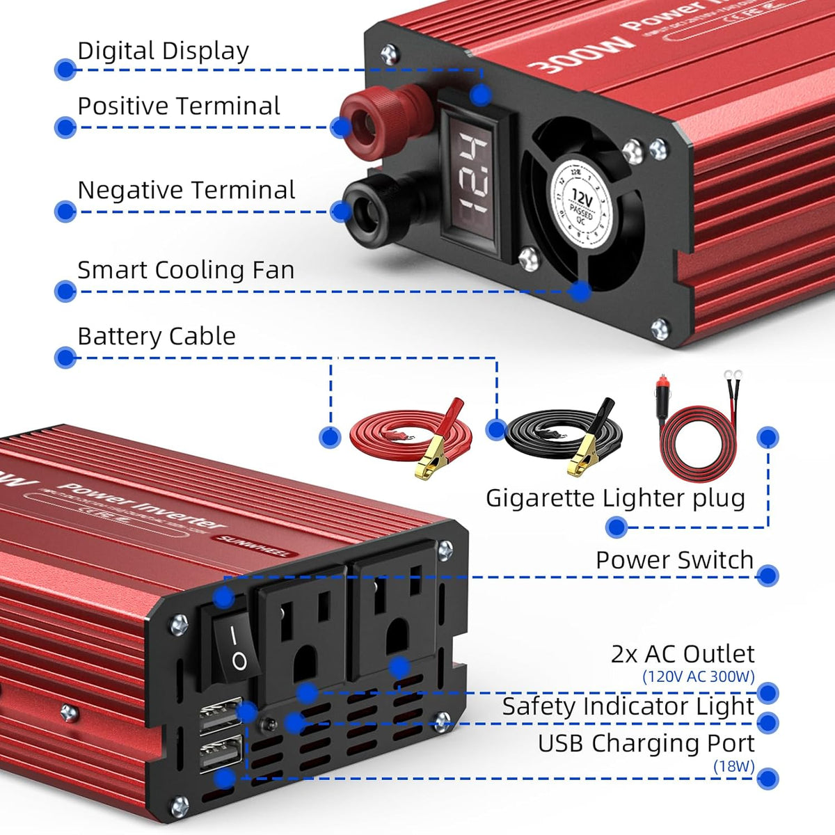 SUNWHEEL 4000W Pure Sine Wave Inverter, 12V DC to 110V/120V AC Power Inverter for RV、Microwave、Off Grid、Truck、Refrigerator、Air Conditioner with 4 AC outlets and LCD Display - PuriLite