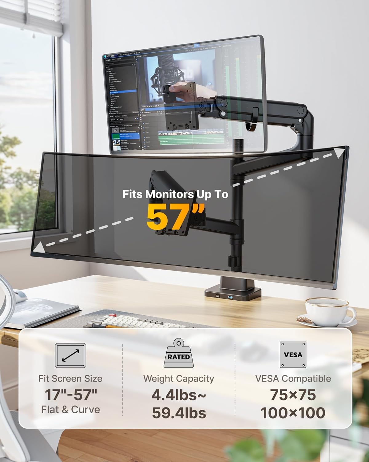 monTEK 17-57 Inch Dual Ultrawide Monitor Arm for Up to 59.4lbs Screen, Aluminum Heavy-Duty Gas Spring Vertical Stackable Curved Screen Adjustable Monitor Stand,75/100mm Vesa Mount, Black - PuriLite