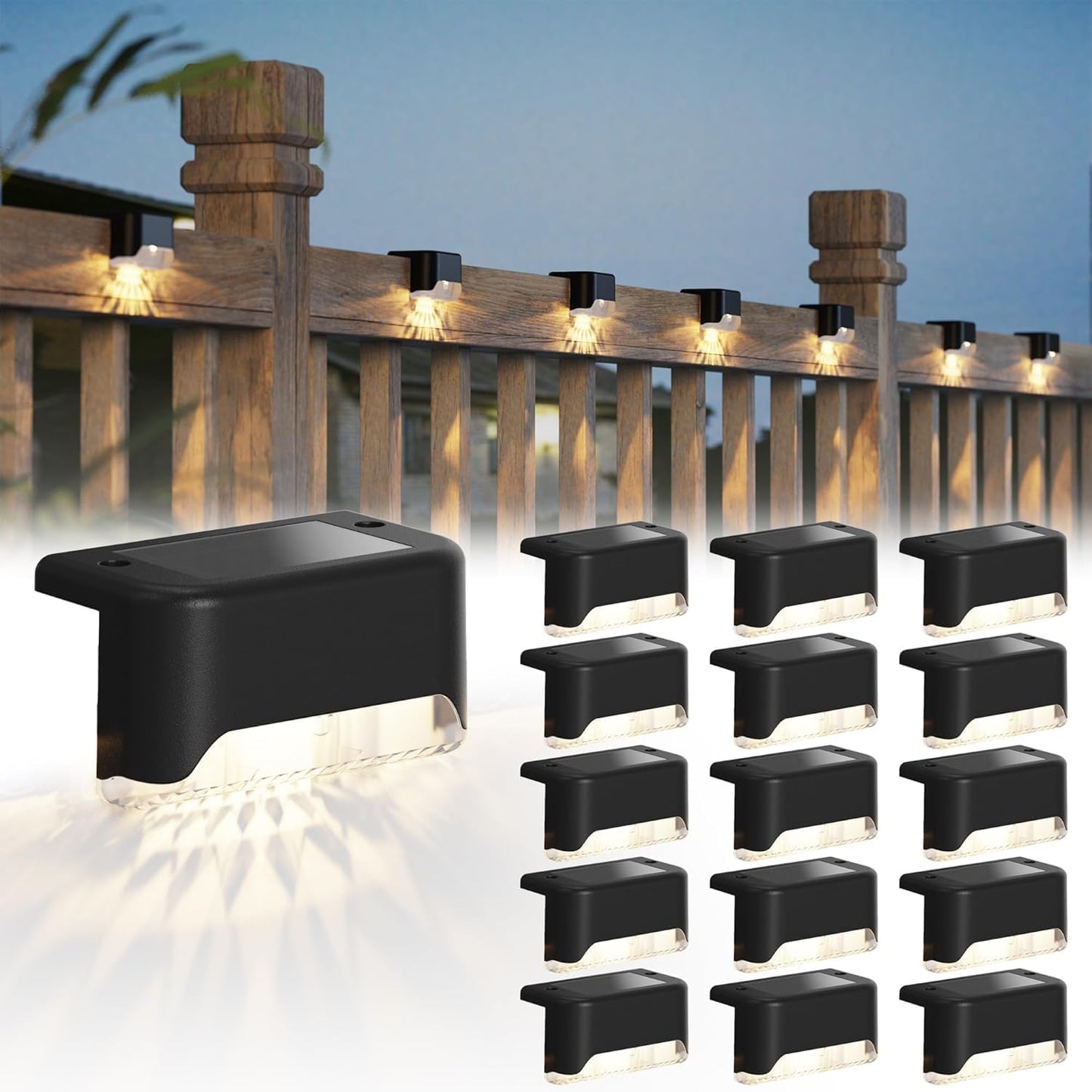 Solar Deck Lights 16 Pack Solar Fence Light Solar Powered Outdoor Step Light IP65 Waterproof LED Solar Pathway Light for Deck Fence Railing Garden Patio StairYard, Black - PuriLite