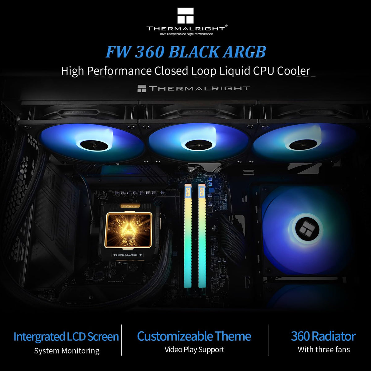 Thermalright FW 360 Black ARGB-360mm AIO CPU Liquid Cooler,IPS LCD Screen with 320 * 240 Resolution,for AM5/Intel LGA1700,‘2.4 inch’Magnet-Absorbent LCD Screen for Images -Black - PuriLite