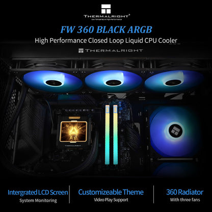Thermalright FW 360 Black ARGB-360mm AIO CPU Liquid Cooler,IPS LCD Screen with 320 * 240 Resolution,for AM5/Intel LGA1700,‘2.4 inch’Magnet-Absorbent LCD Screen for Images -Black - PuriLite