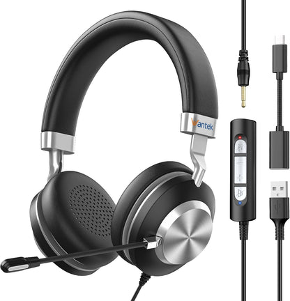Wantek USB Headset with Microphone for PC, On-Ear Headphones - Computer Laptop Wired Headset with Mic Noise Cancellation & Volume Control for Work Home Office Online Classroom Zoom Skype - PuriLite