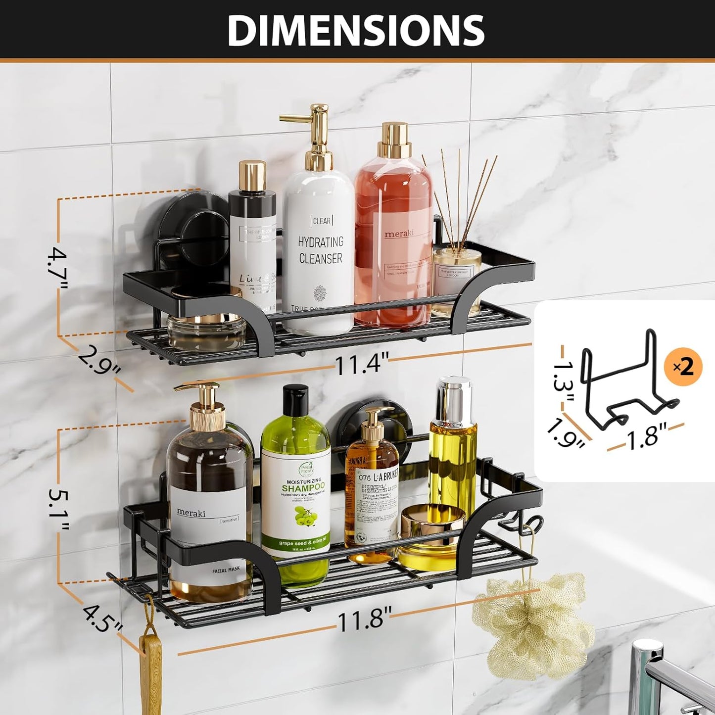 LEVERLOC Shower Caddy Suction Cup, 2 Pack Black Shower Shelf with Hooks and Soap Holder, NO-Drilling Bathroom Organizer, Rustproof Metal Bathroom Storage and Organization - PuriLite