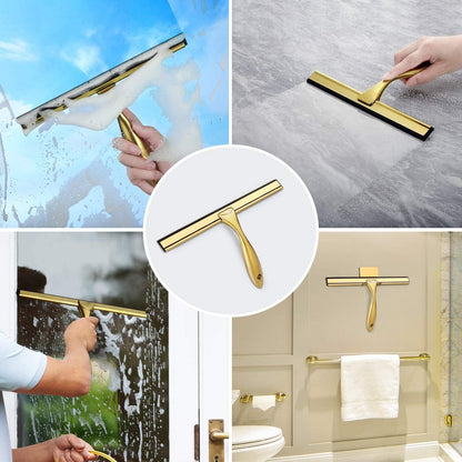 Sishynio All-Purpose Shower Squeegee for Shower Doors, Bathroom, Window and Car Glass - Golden, Stainless Steel, 10 Inches - PuriLite