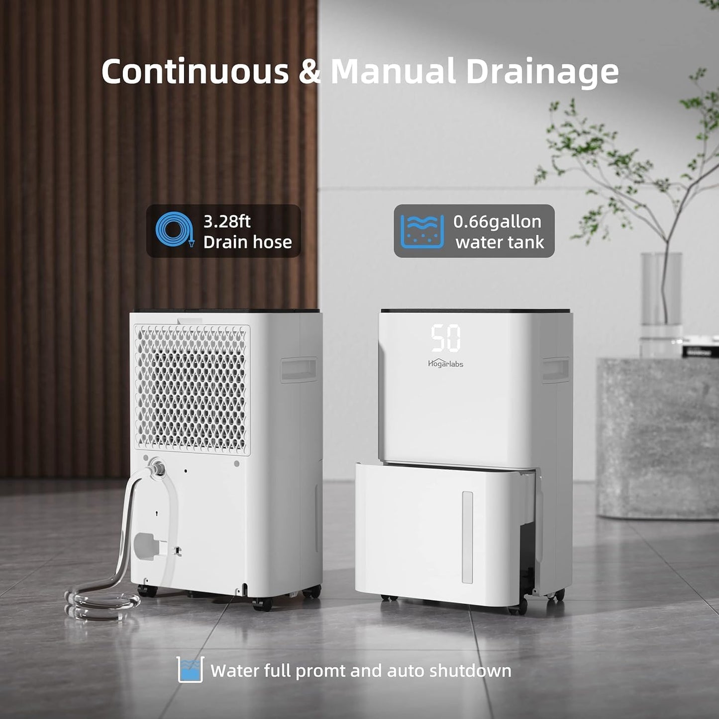 HOGARLABS 32 Pints Home Dehumidifier for Basement Continuous Dehumidify, Intelligent Humidity Control,Smart Dehumidifier with Drain Hose for Liveroom, Bedroom & Bathroom. - PuriLite