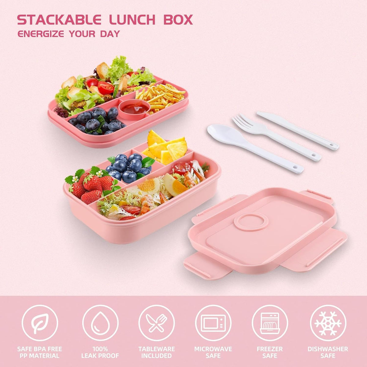 Bento Box Adult Lunch Box -2000 ML Stackable Bento Lunch Box Container with 8 Compartments,Leak-Proof Lunch Containers,Built-in Sauce Container,Utensils,Microwave/Dishwasher/Freezer - Pink - PuriLite