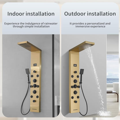 Bathfinesse Shower Tower Bathroom Shower Panel System Rain Massage System 6 in 1 Body Spray Jets Shower Wall Panels Rainfall Waterfall Shower Head Tub Spout with Temperature Display,Matte Black - PuriLite