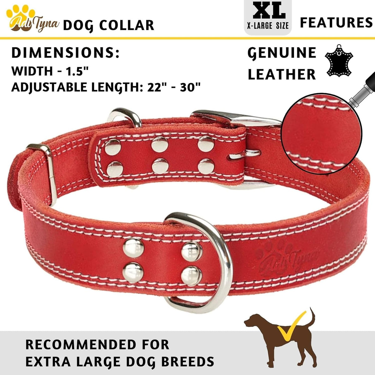 ADITYNA Heavy-Duty Leather Dog Collar for Medium Dogs - Soft and Strong, 100% Genuine Leather - Collier Pour Chien (Medium: Fit 13" - 20" Neck, Brown) - PuriLite