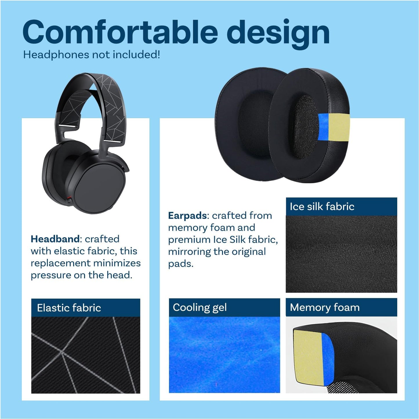 Ear Pads & Headband Replacement for SteelSeries Arctis 7/9 / Pro & Prime Wireless Gaming Headset etc. by MMOBIEL - Cooling Gel Ear Pad Cushions & Elastic Fabric Headband Top Pad Cushion - PuriLite