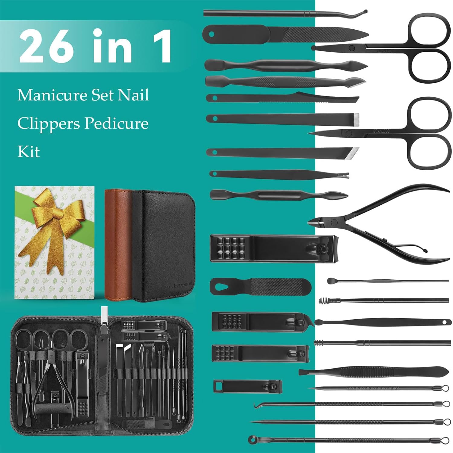 Nail Clippers Set, 26 Piece Manicure Set & Pedicure Kit, Stainless Steel Fingernail & Toenail Clipper Cutters, Professional Nail Care Tools with Luxurious Travel Case for Men and Women, Black - PuriLite