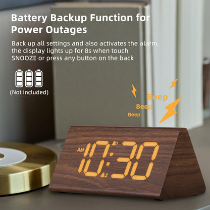 Odokee Wooden Digital Alarm Clock for Bedroom: Electric Desk Clock with Large LED Display - Brown - PuriLite