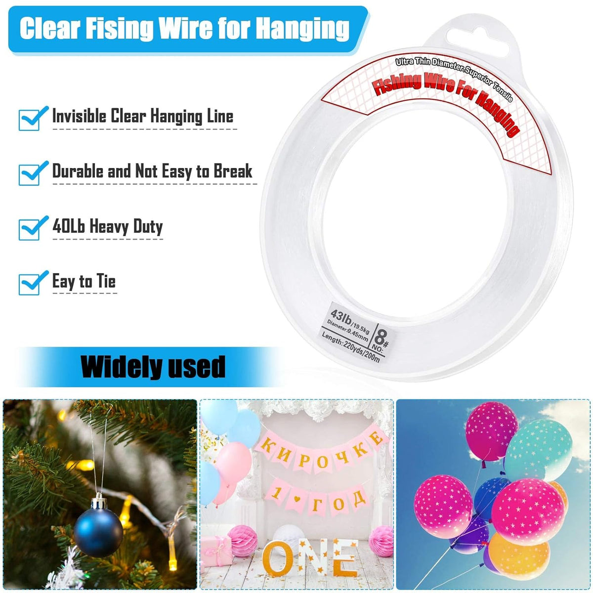 Clear Fishing Wire, Acejoz 656FT Fishing Line Clear Invisible Hanging Wire Strong Nylon String Supports 40 Pounds for Balloon Garland Hanging Decorations - PuriLite