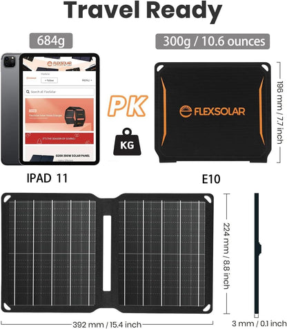 FlexSolar 10W Portable Solar Panels Charger 5V USB Small Foldable IP67 Waterproof Power Emergency Camping Backpacking Hiking for Phones iPads Power Banks - PuriLite