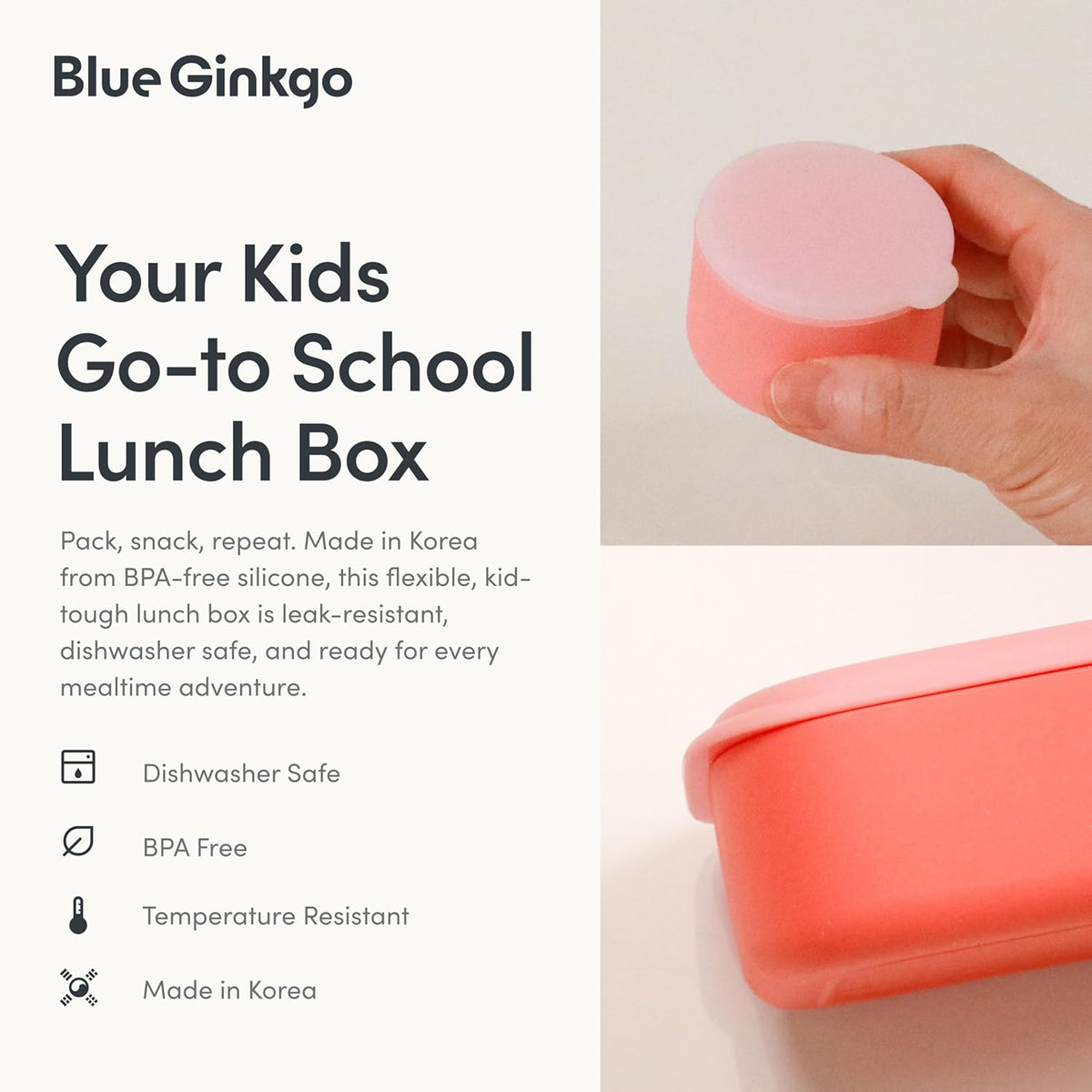 Blue Ginkgo Kids Silicone Lunch Box Set – Durable Heavy-Duty Silicone Bento Box, Microwave, Freezer, Dishwasher Safe – Airtight, BPA Free (Made in Korea, Coral) - PuriLite