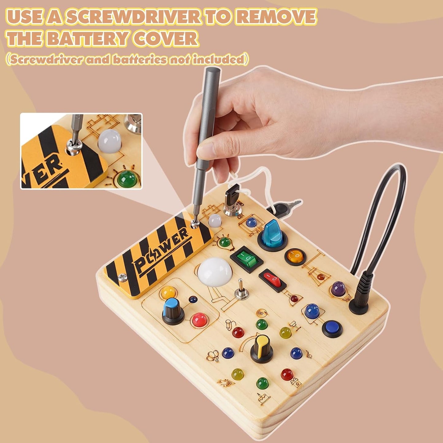 Joyreal Montessori Busy Board Wooden Sensory Toys for Toddler with LED Light Up Switch, Baby Fidget Board Travel Toys for 18+ Months, Boys Girls Birthday - PuriLite