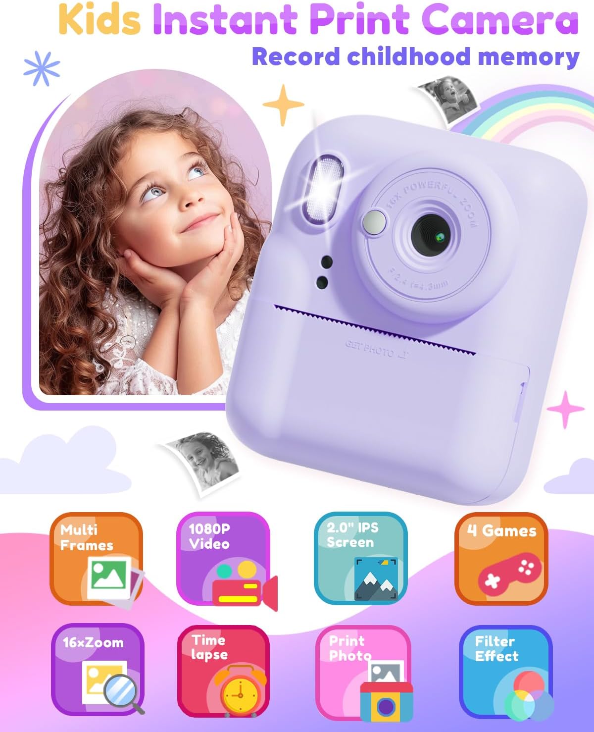 Pussan Kids Camera Instant Print, 1080P Instant Print Camera Toys for 3-12 Year Old Girls, Christmas Birthday Gifts for Age 3 4 5 6 7 Girls, Kids Digital Camera Toys with 3 Rolls Print Paper-Pink - PuriLite