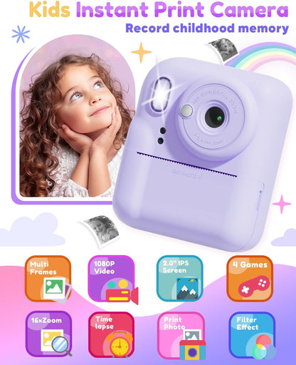 Pussan Kids Camera Instant Print, 1080P Instant Print Camera Toys for 3-12 Year Old Girls, Christmas Birthday Gifts for Age 3 4 5 6 7 Girls, Kids Digital Camera Toys with 3 Rolls Print Paper-Pink - PuriLite