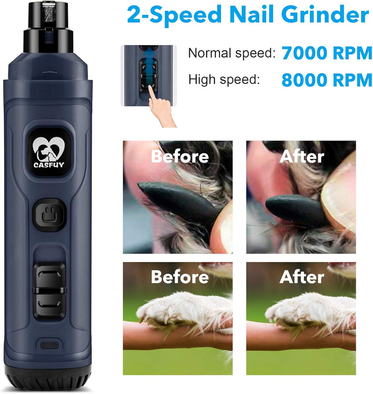 Casfuy Dog Nail Grinder with 2 LED Light - New Version 2-Speed Powerful Electric Pet Nail Trimmer Professional Quiet Painless Paws Grooming & Smoothing for Small Medium Large Dogs and Cats (Blue) - PuriLite
