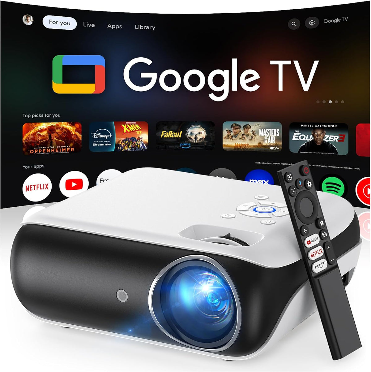 Official Licensed Google TV Smart Projector, HAPPRUN Projector 4k Support with Dolby Sound, Built-in Streaming Apps, Native 1080P, Wi-Fi & Bluetooth, Projecteur for Home Cinema,Gaming,Outdoor - PuriLite